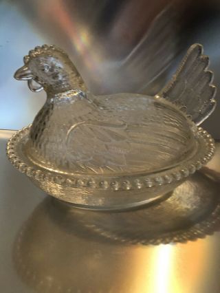 Vintage Indiana Glass Clear 7 " Rooster Chicken Hen On Nest Candy Dish