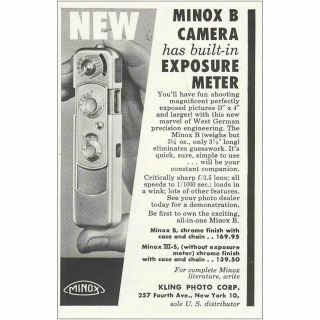 1958 Minox B Camera: Built In Exposure Meter Vintage Print Ad