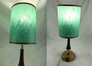 Vtg Mid Century Modern Leviton Brass & Wood Table Lamp With Green Shade
