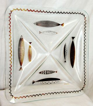 Fred Press Signed Gold Fish Clear Glass Platter Serving Plate Divided Dish Mcm