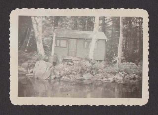 Cute Tiny House/cabin On Woodland Lake Old/vintage Photo Snapshot - E477