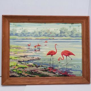 Vintage Mid Century Flamingo Paint By Numbers Painting - Wood Frame