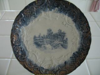 Vintage Flow Blue With Gold Decorative Plate Wth Landscape Scene Made In Germany