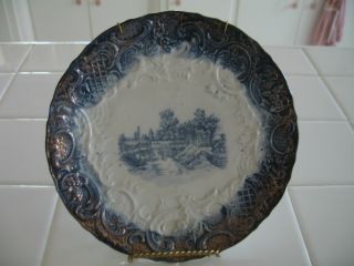 Vintage Flow Blue With Gold Decorative Plate Wth Landscape Scene Made In Germany 2