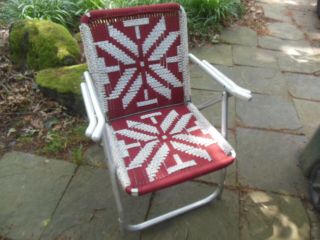 Vintage Mid Century Aluminum Macrame Woven Weave Folding Lawn Patio Chair Star