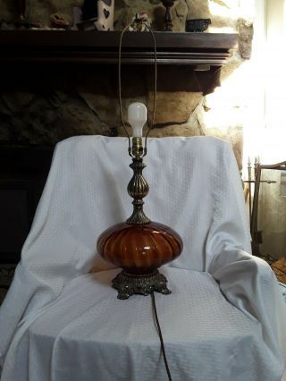 Vintage Mid Century Hand Blown Amber Glass Table Lamp L&lwmc