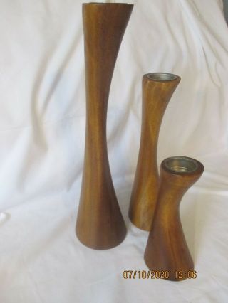Mid Century Modern Set Of 3 Wood Candle Stick Holders