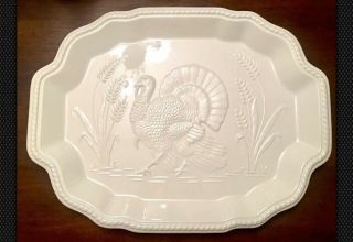 Vintage White Embossed Handled Turkey Platter Thanksgiving Japan
