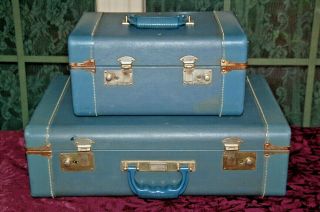 2 Pc Set 1950 Crown Luggage 21 " Carry On W Key,  Cosmetic Makeup Train Case Rare