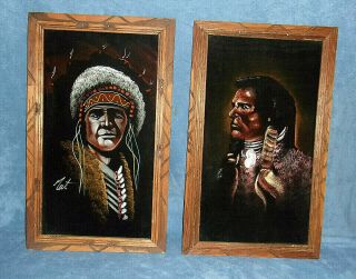 2 Vintage Mid Century Native American Indian Black Velvet Paintings,  Mexico