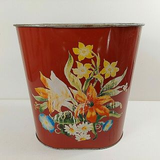 Vintage Mid Century Metal Wastebasket Red Floral Flowers Shabby Chic Trash Can