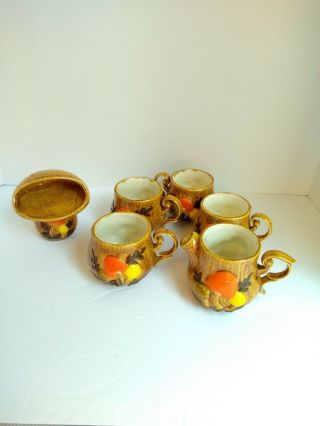 Vintage 1973 Sears Merry Mushroom Teapot & 4 Cups Has Chips & Crazing