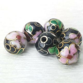 11 Vintage Black Pink Flowers Cloisonne Chinese Enamel 10mm 11 Beads