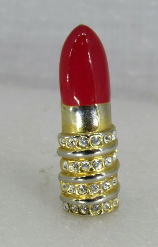 Kool Vintage Red Lipstick Fashion Enamel Rhinestone Gold Tone Pin