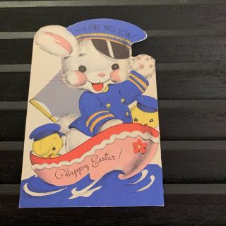 Vintage Greeting Card Easter Bunny Rabbit In Boat Rust Craft Sailor