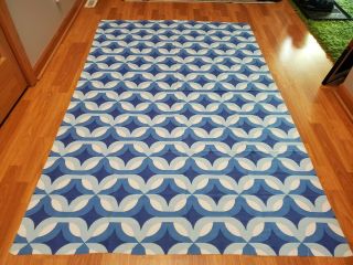 Awesome Rare Vintage Mid Century Retro 70s Blue Abstract Geometric Fabric Wow