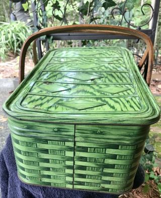 1950 ' s? Vintage Tin Metal Picnic Basket Green Wood Grain Design Wooden Handles 2