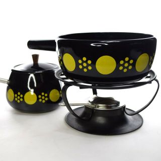 Vintage Swedish Fondue Pot Set - Black Enamel With Yellow Circles Retro 6 Forks