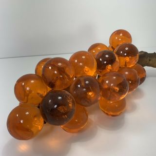 Vintage Mid - Century Lucite Acrylic Grape Cluster on Driftwood Stem Amber Orange 2