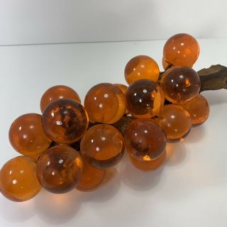 Vintage Mid - Century Lucite Acrylic Grape Cluster on Driftwood Stem Amber Orange 3