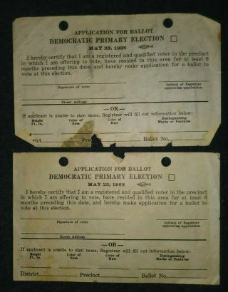 2 Vintage Ballot Applications For The Democratic Primary Election 1968