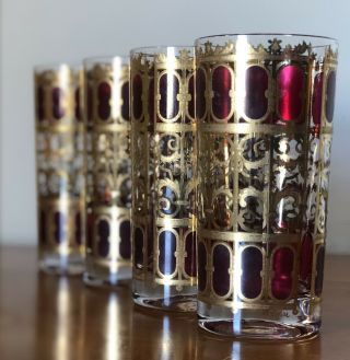 Mid Century Modern Set Of 4 Culver Cranberry Scroll & Gold Tumblers Highball