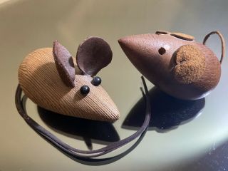 Vintage Pair Wood Mouse Mice Suede Ears Mid Century Modern Teak Walnut Danish