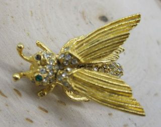 Vintage Jeanne Signed Gold Tone Rhinestone Bee Insect Brooch Pin