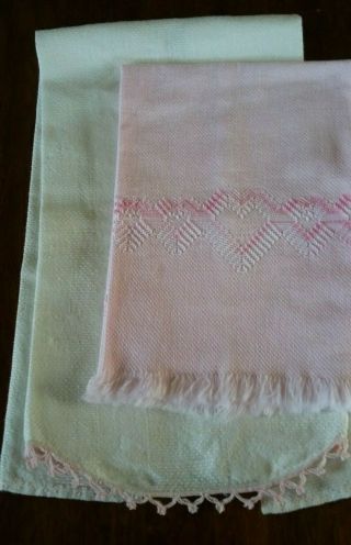Vintage Damask Linen Hand Towels Pink Embroidered Hearts