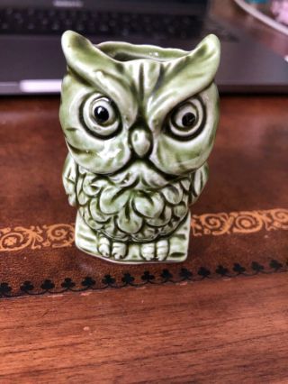 Vintage Green Ceramic Owl Toothpick Holder.  2”.