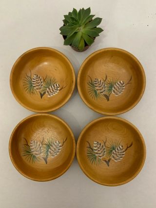 Four Mid - Century Bowls With Cabin Pine Cone Hand Painted Art Charming