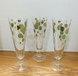 3 Mid Century Modern Green And Gold Atomic Dots And Commas Pilsener Glasses