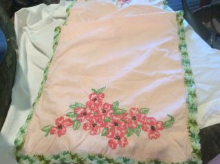 Vintage Pink/green Crocheted/embroidered Table Runner