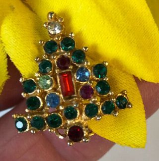 Vintage Christmas Tree Multicolor Rhinestones Crystals Clip On Earrings 1”