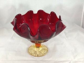 Mid Century Vtg Ruby Red Amberina Footed Stretch Swung Art Glass Compote Bowl