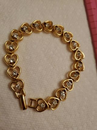 Vintage Heart Shaped Rhinestones Bracelet Gold - Tone