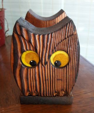 Mid Century Cryptomeria Wood Owl Napkin Holder - Witco Style