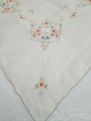 Vtg 32x34 Semi Sheer Ivory Organdy Floral Embroidered Tablecloth Card Table