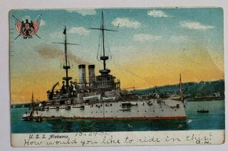 1906 Postcard Uss Alabama Us Navy Battleship Ship Side View Vintage Glitter