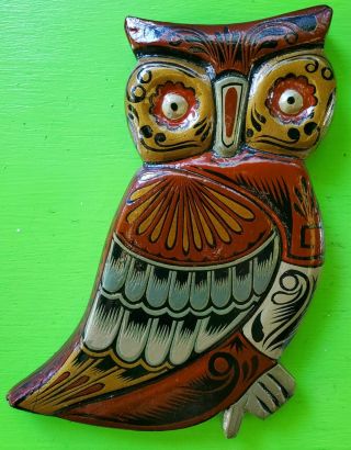 Vintage Mid Century 70s 80s Colorful Painted Wooden Owl Wall Hanging Plaque Art