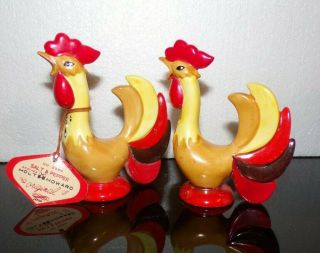 Vintage 1960 Holt Howard Rooster Salt Pepper Shakers W/hang Tag Chicken