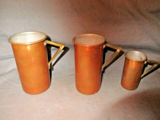 3 Vintage Tin Lined Copper Measuring Cups W/brass Handles 1/4 - 3/4 - 1 Cup