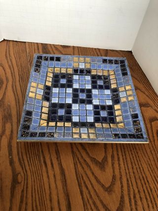 Vintage Mid Century Modern Blue Gold Mosaic Tile Tray 8 " By 8”
