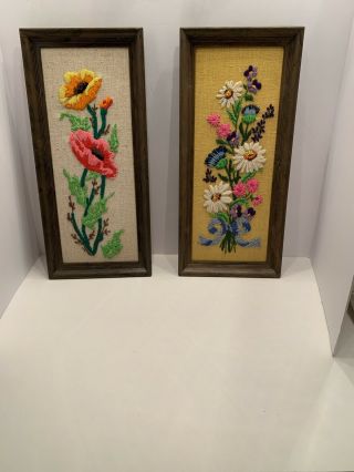 Vintage Crewel Framed Set Of Two Floral Embroidery 60s Wall Decor