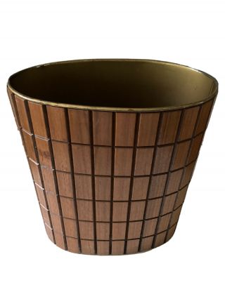Vintage Mid Century Modern Walnut Wood Waste Basket Trash Can Mcm