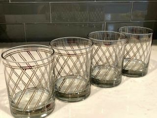 Georges Briard 1960 ' s Rock Bar Glass Tumblers Silver Slanted Striped Glass set 4 2