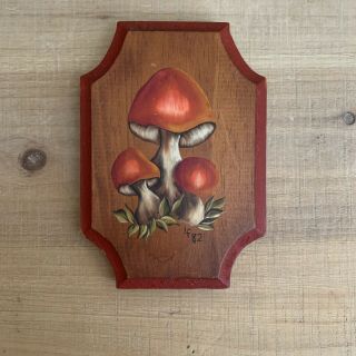 Vintage Mushroom Wooden Wall Hanging Plaque,  Red Mushrooms,  Retro,  1982