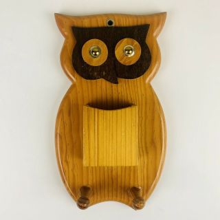 Vtg 70s Wood Owl Wall Art Hanging Decor Key Holder Pocket Retro Hippie Boho Mcm
