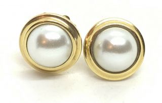 Vtg 3/4” Faux Pearl Sterling Silver Gold Overlay Krementz Earrings