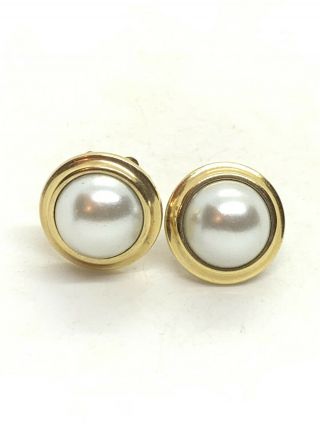 Vtg 3/4” Faux Pearl Sterling Silver Gold Overlay Krementz Earrings 3